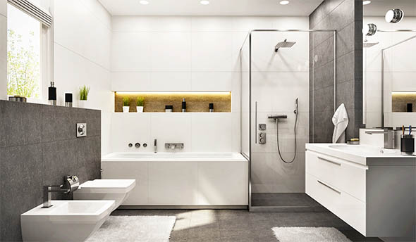 Photo of a new modern bathroom suite.